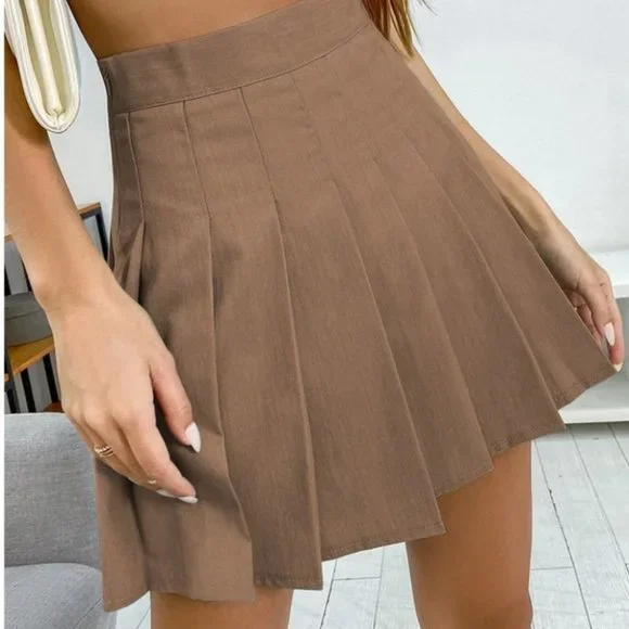 pleated mini skirt fall winter chic trending preppy brown - Picture 3 of 7